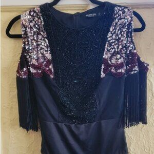 Nasty Gal 2017 Bodysuit hand beaded size 2 black with tassel sleeves